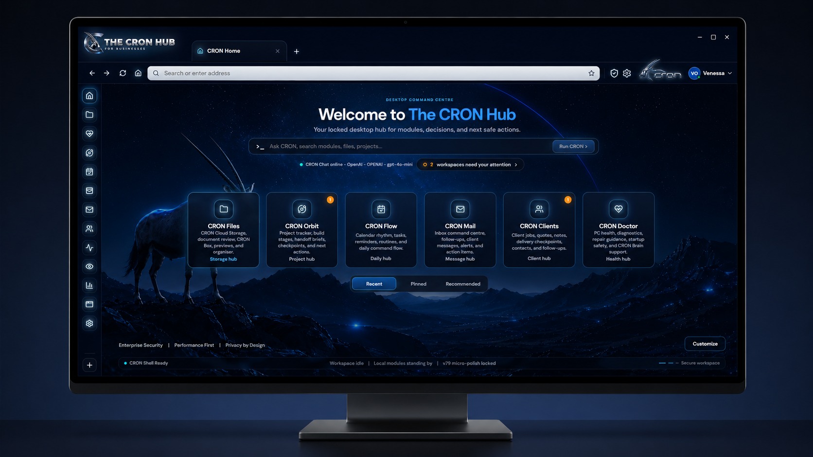 The CRON Hub interface preview on desktop monitor